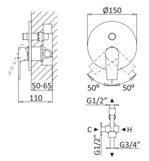 Встраиваемый однорычажный смеситель для душа с переключателем, хром Cezares NAUTIC-VDIM-01